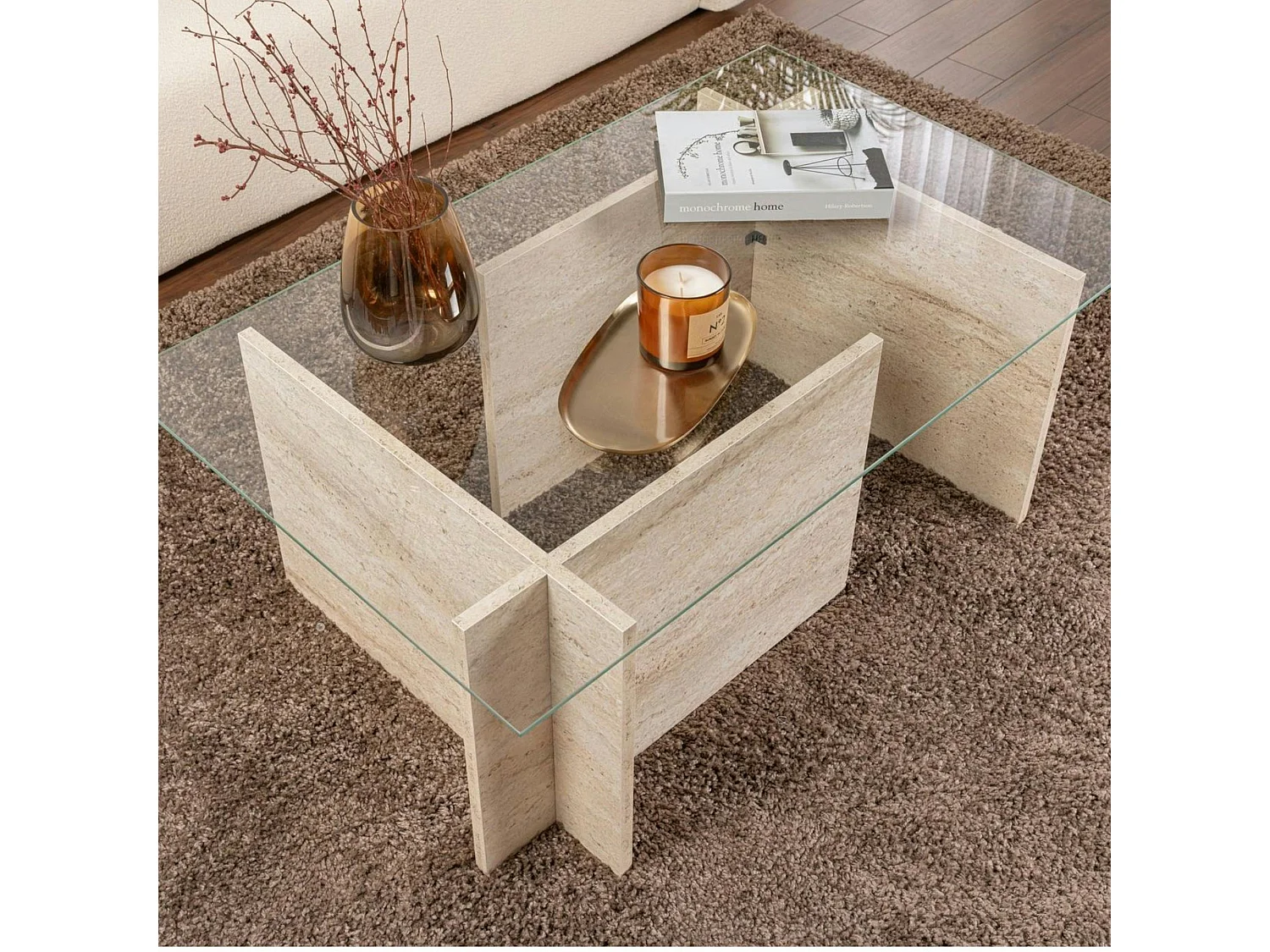 Table basse verre déstructurée – effet travertin, H.40 cm SALTA