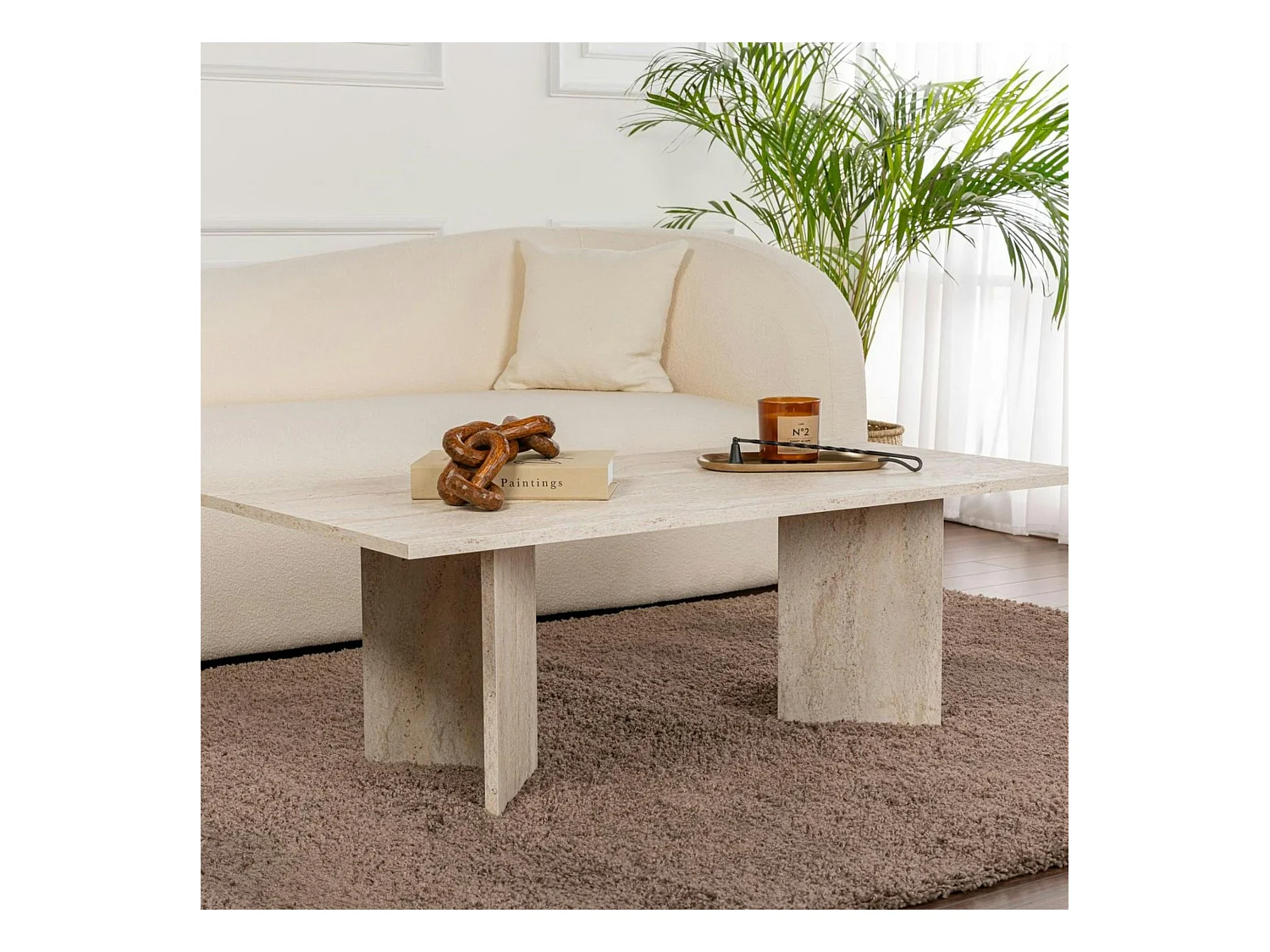 Table basse moderne effet travertin - pieds en V MARFA