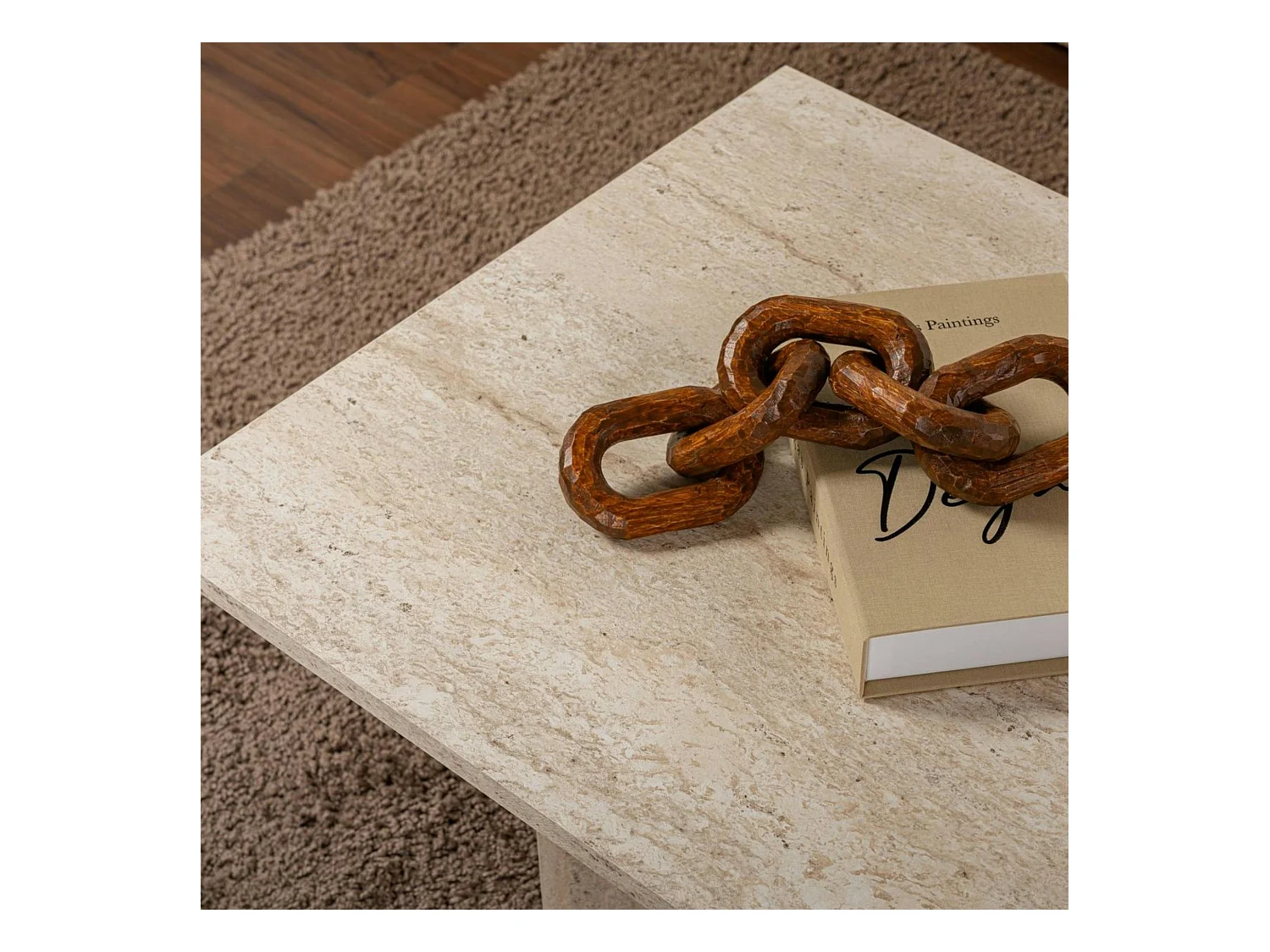 Table basse moderne effet travertin - pieds en V MARFA