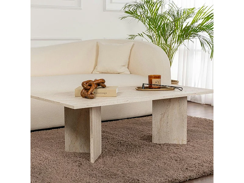 Table basse moderne effet travertin - pieds en V MARFA