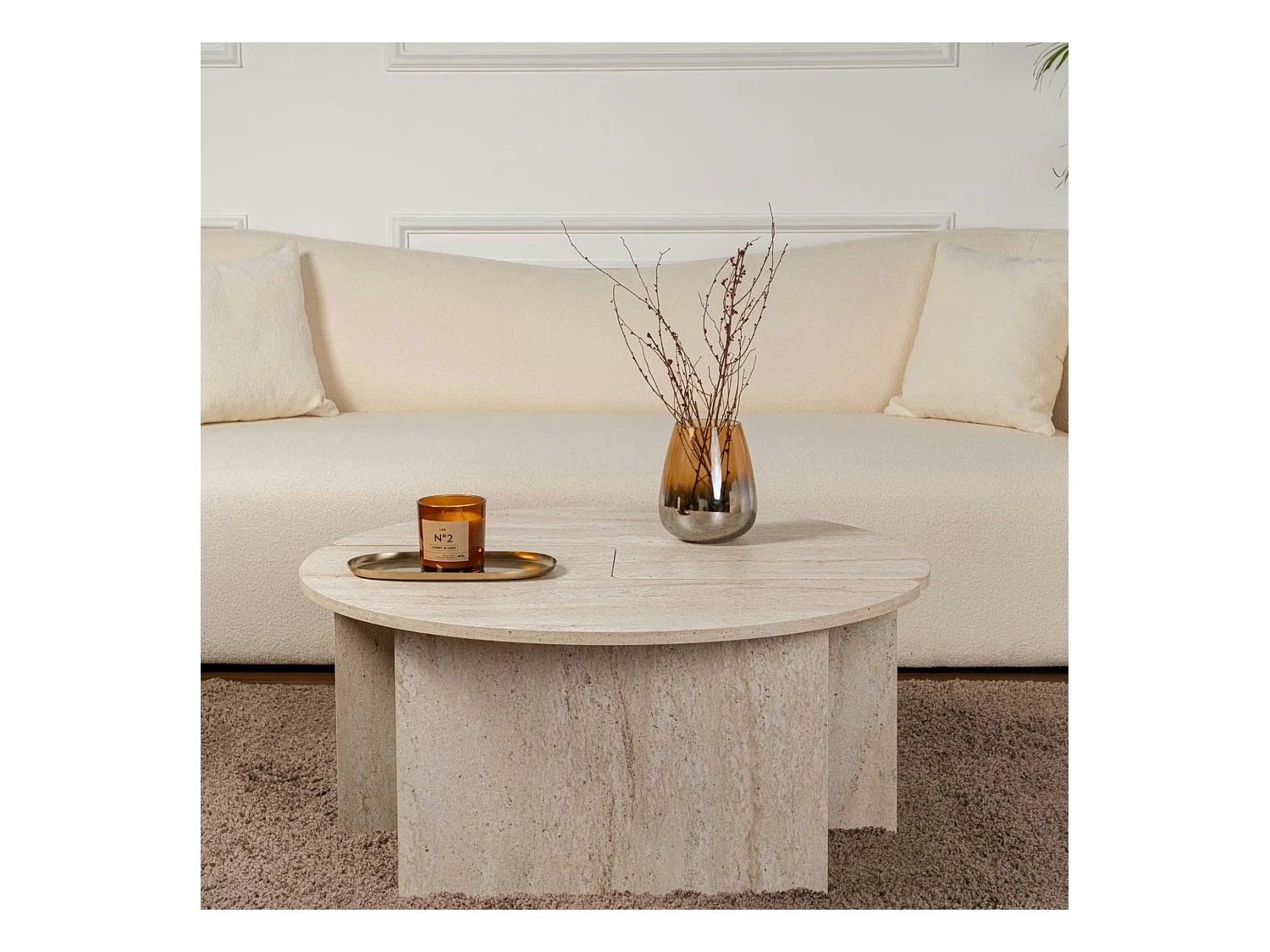 Table basse ronde effet travertin - design puzzle MARFA