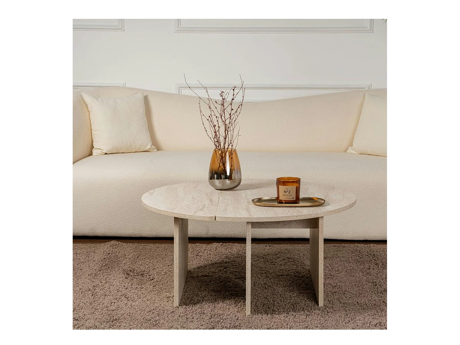 Table basse ronde effet travertin - design puzzle MARFA