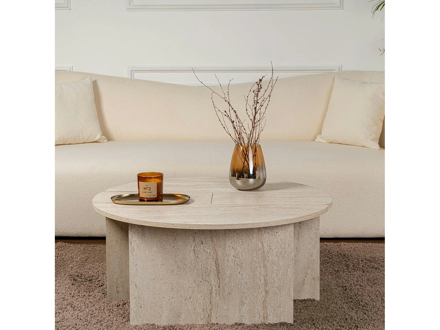 Table basse ronde effet travertin - design puzzle MARFA