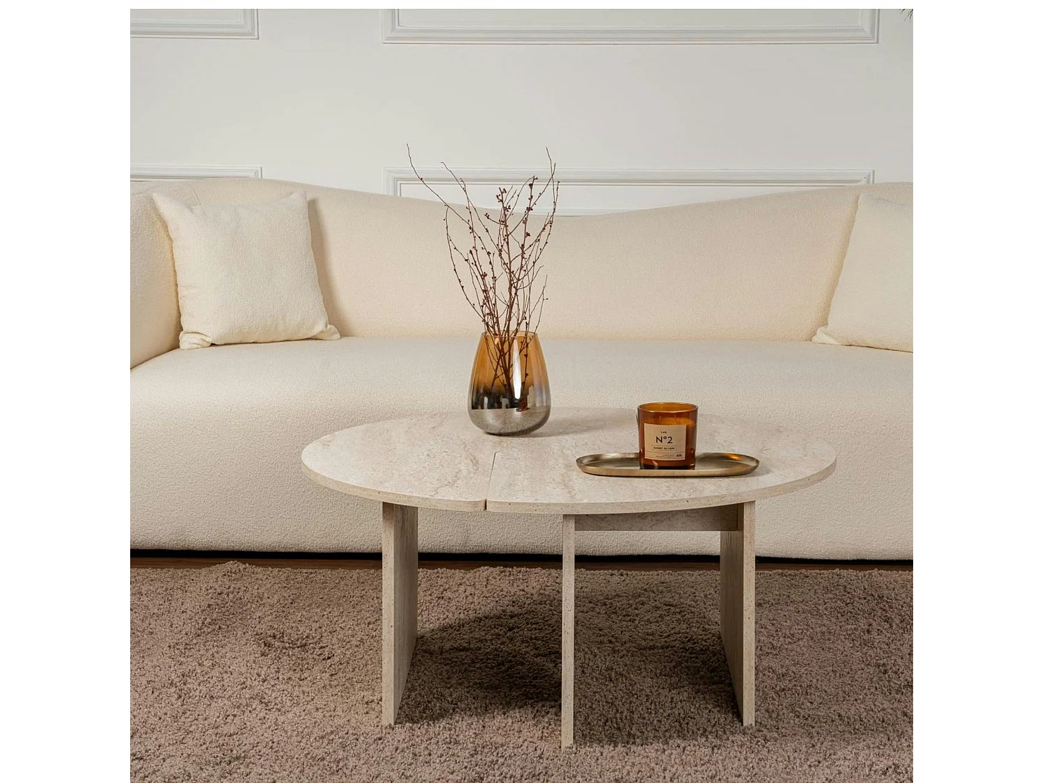 Table basse ronde effet travertin - design puzzle MARFA