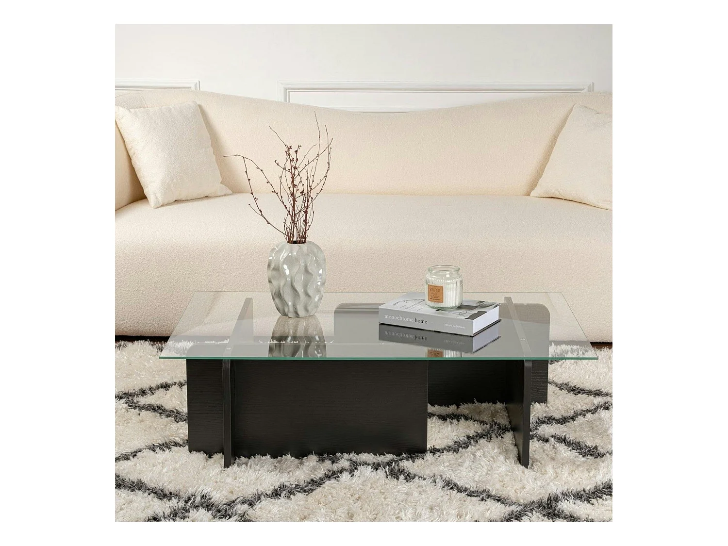 Table basse verre déstructurée – base effet bois noir SALTA