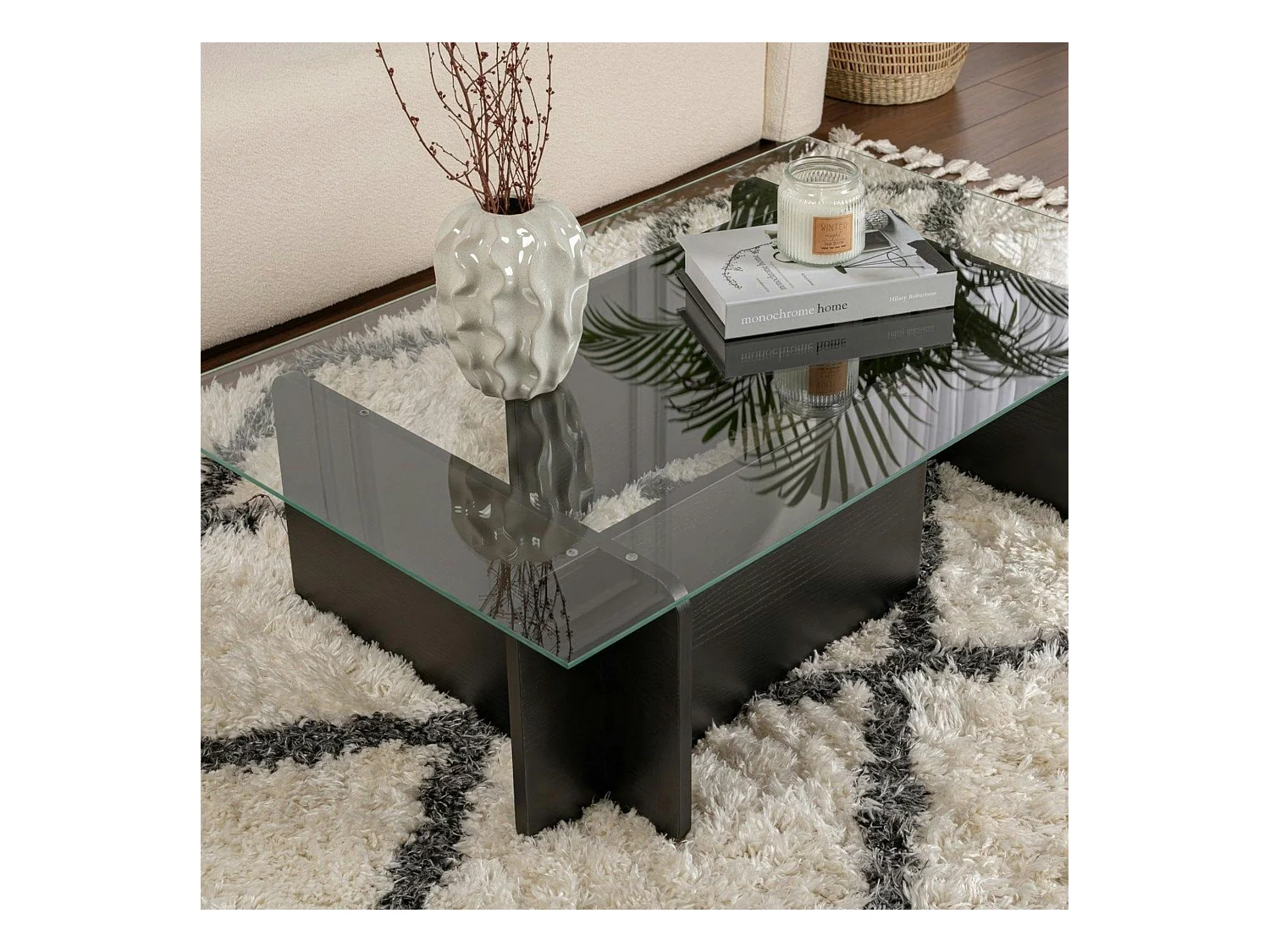 Table basse verre déstructurée – base effet bois noir SALTA