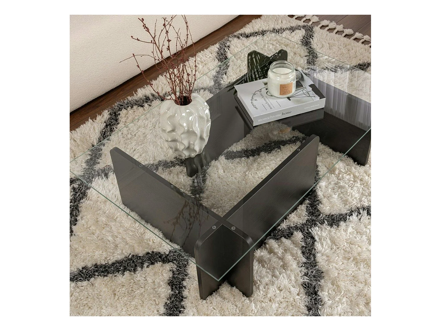 Table basse verre déstructurée – base effet bois noir SALTA