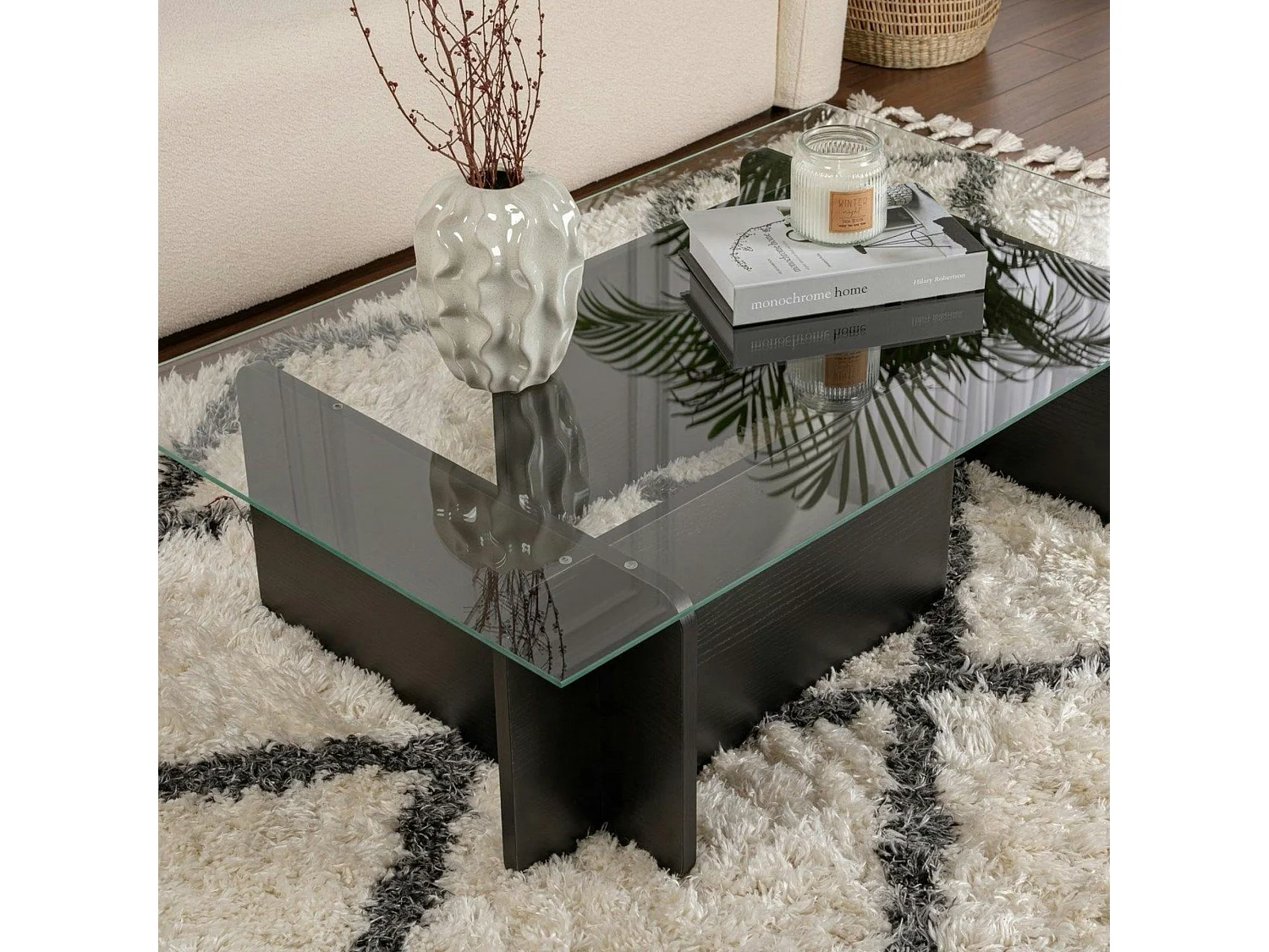 Table basse verre déstructurée – base effet bois noir SALTA