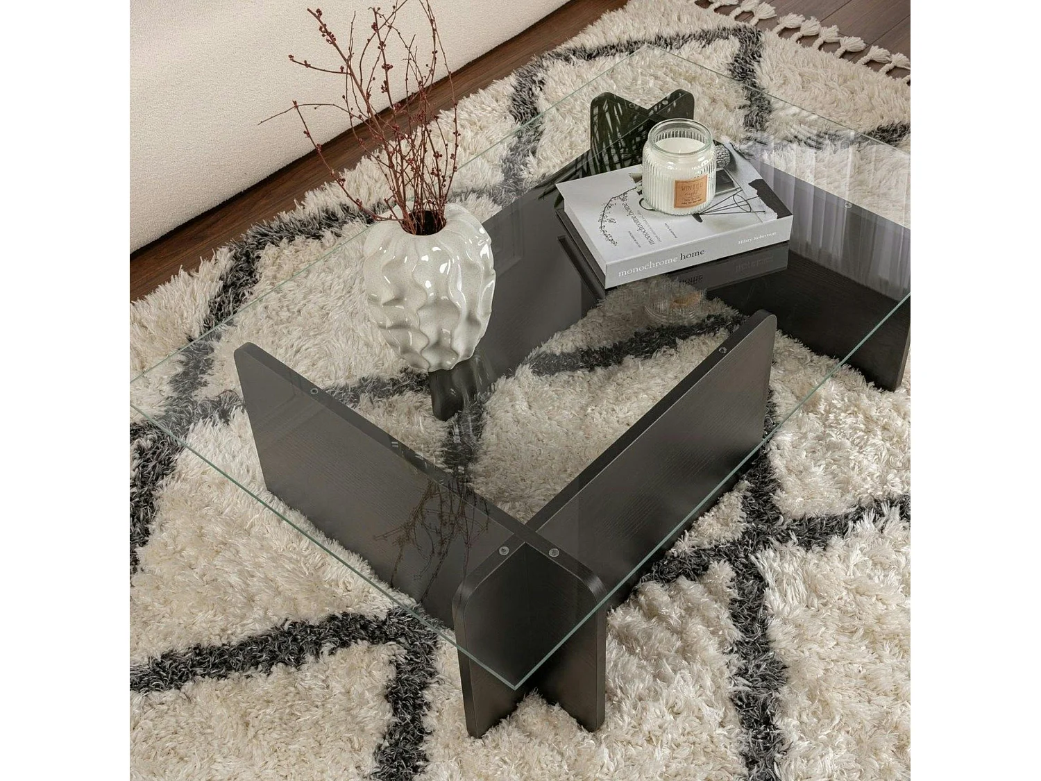 Table basse verre déstructurée – base effet bois noir SALTA