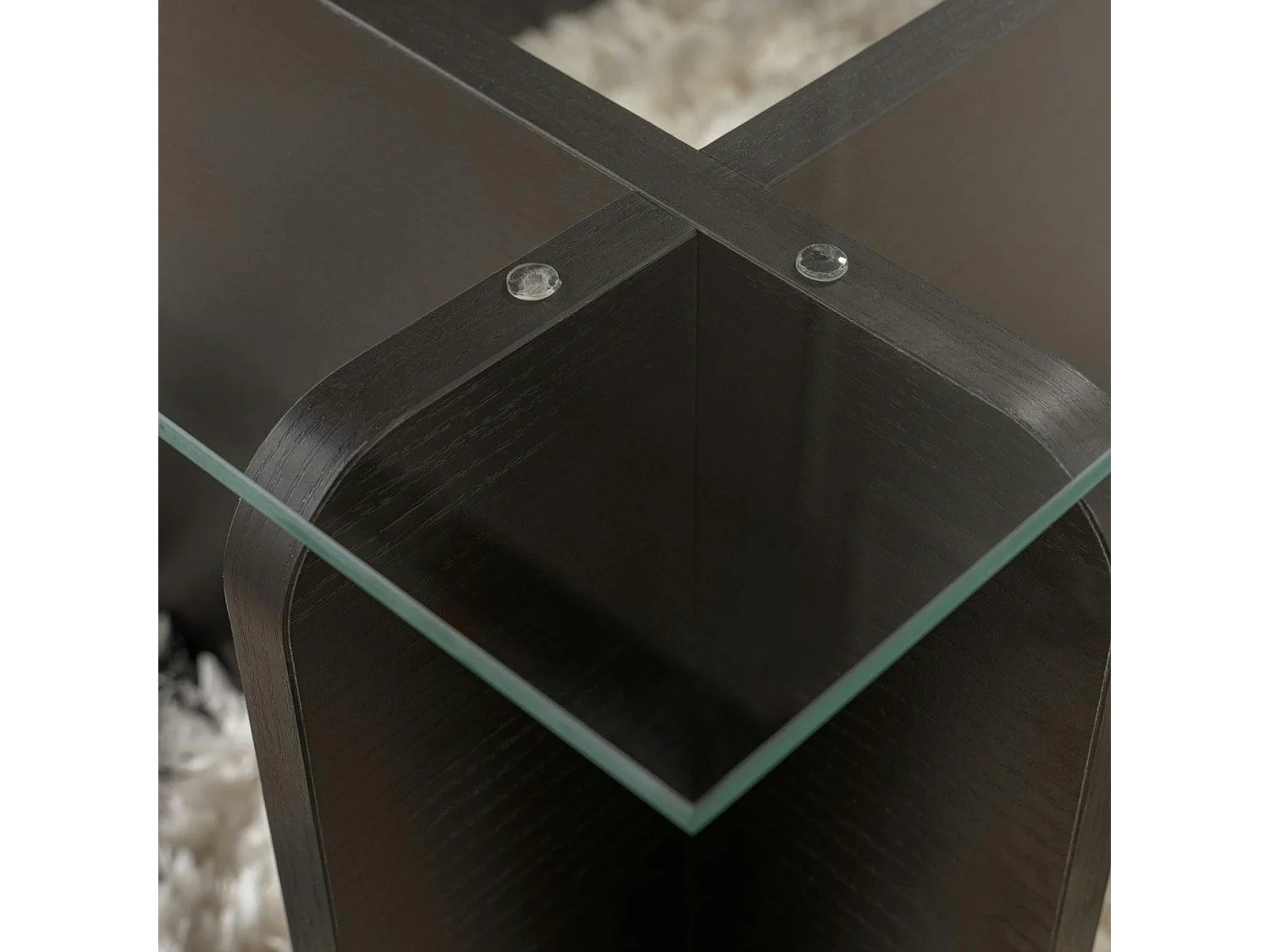 Table basse verre déstructurée – base effet bois noir SALTA