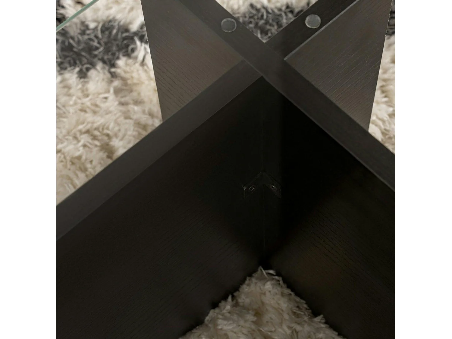 Table basse verre déstructurée – base effet bois noir SALTA