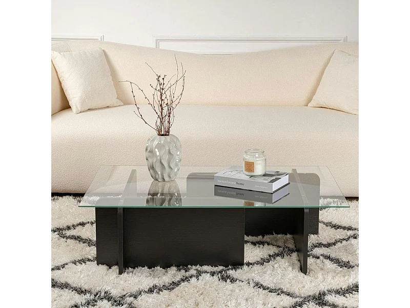 Table basse verre déstructurée – base effet bois noir SALTA
