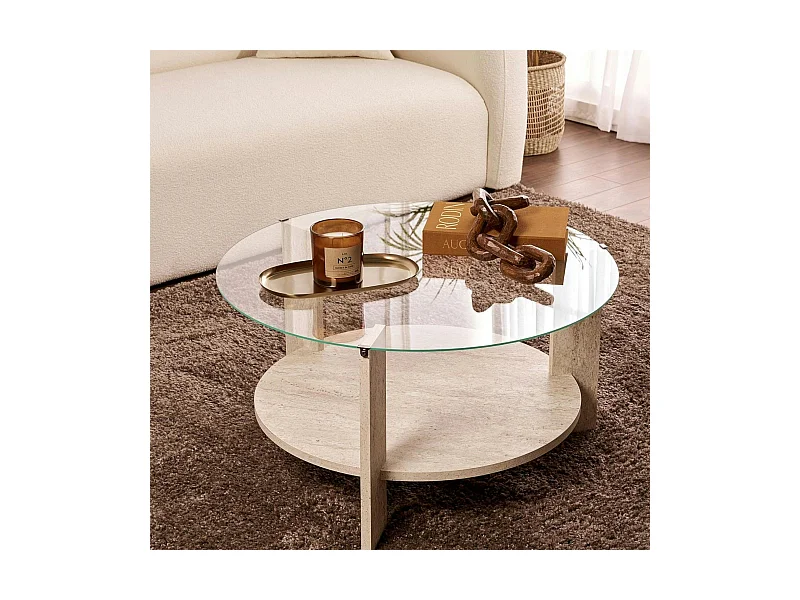 Table basse verre double plateau - effet travertin SALTA