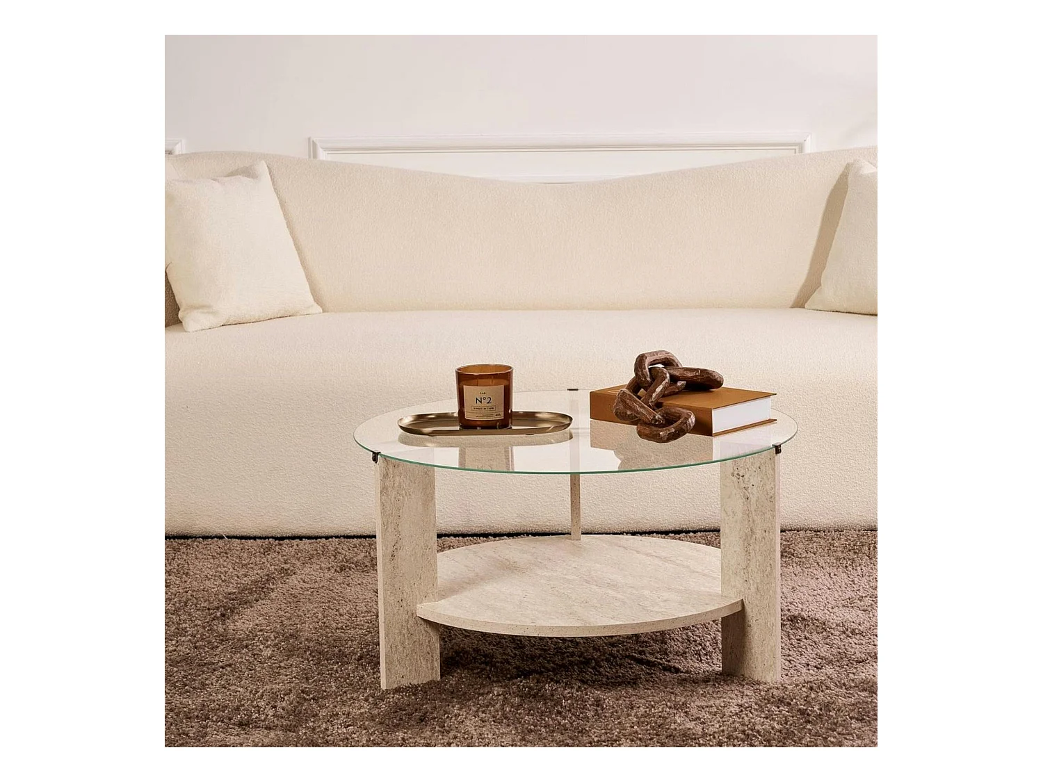 Table basse verre double plateau - effet travertin SALTA