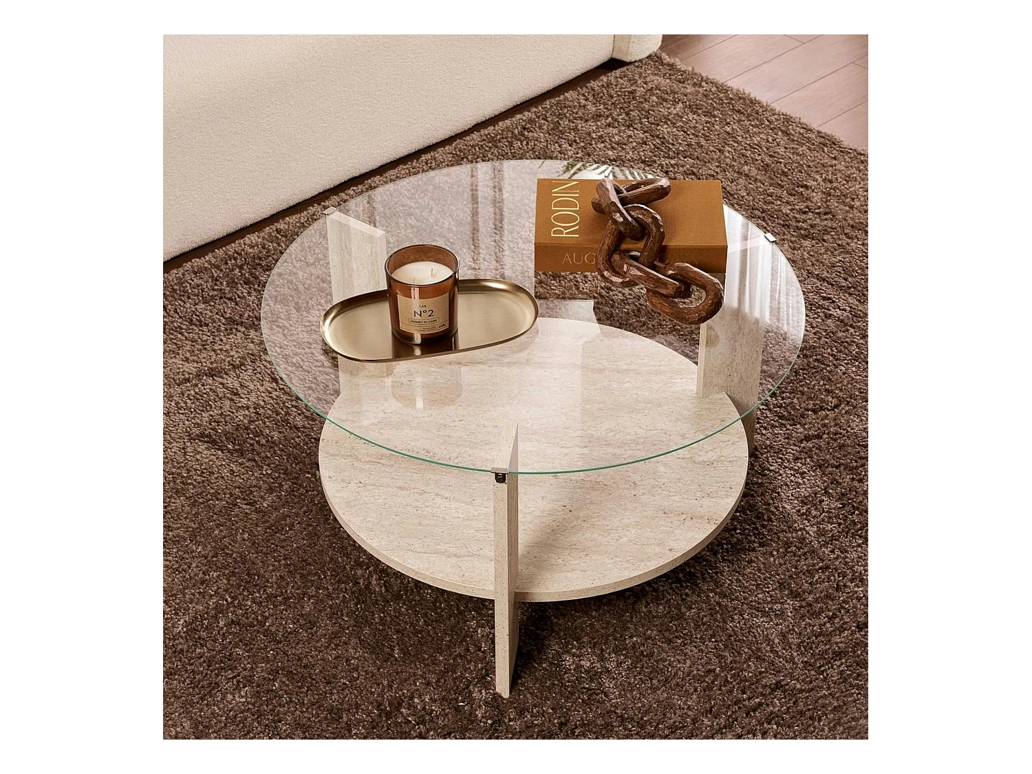 Table basse verre double plateau - effet travertin SALTA