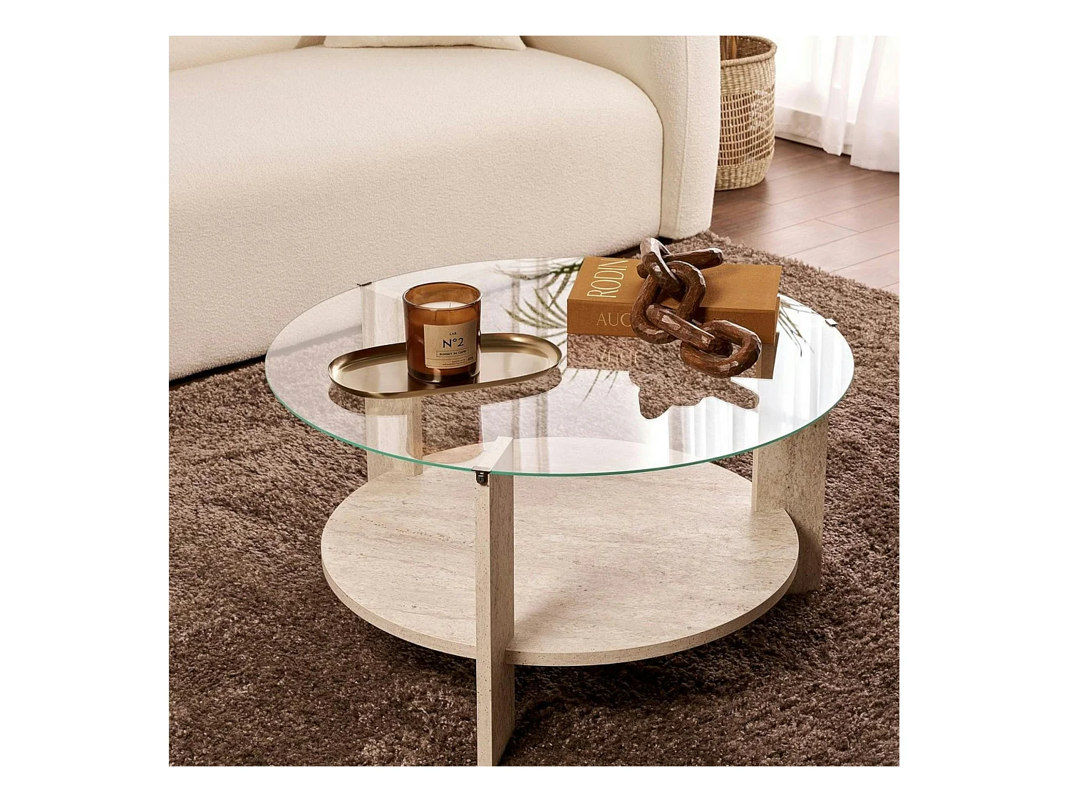 Table basse verre double plateau - effet travertin SALTA