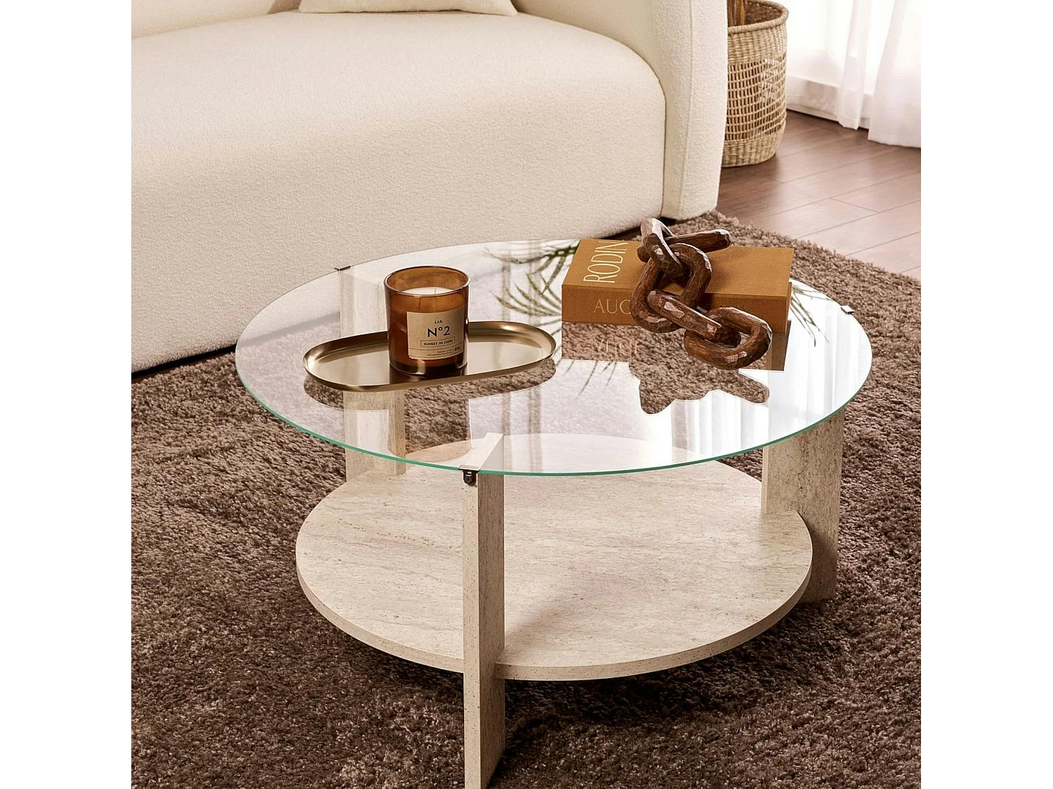 Table basse verre double plateau - effet travertin SALTA