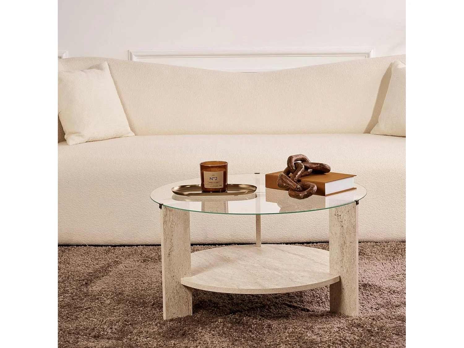 Table basse verre double plateau - effet travertin SALTA
