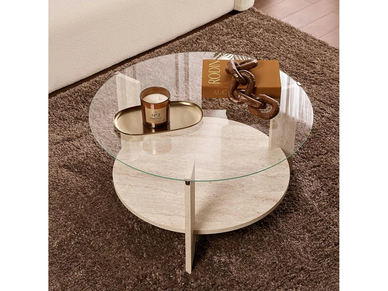 Table basse verre double plateau - effet travertin SALTA