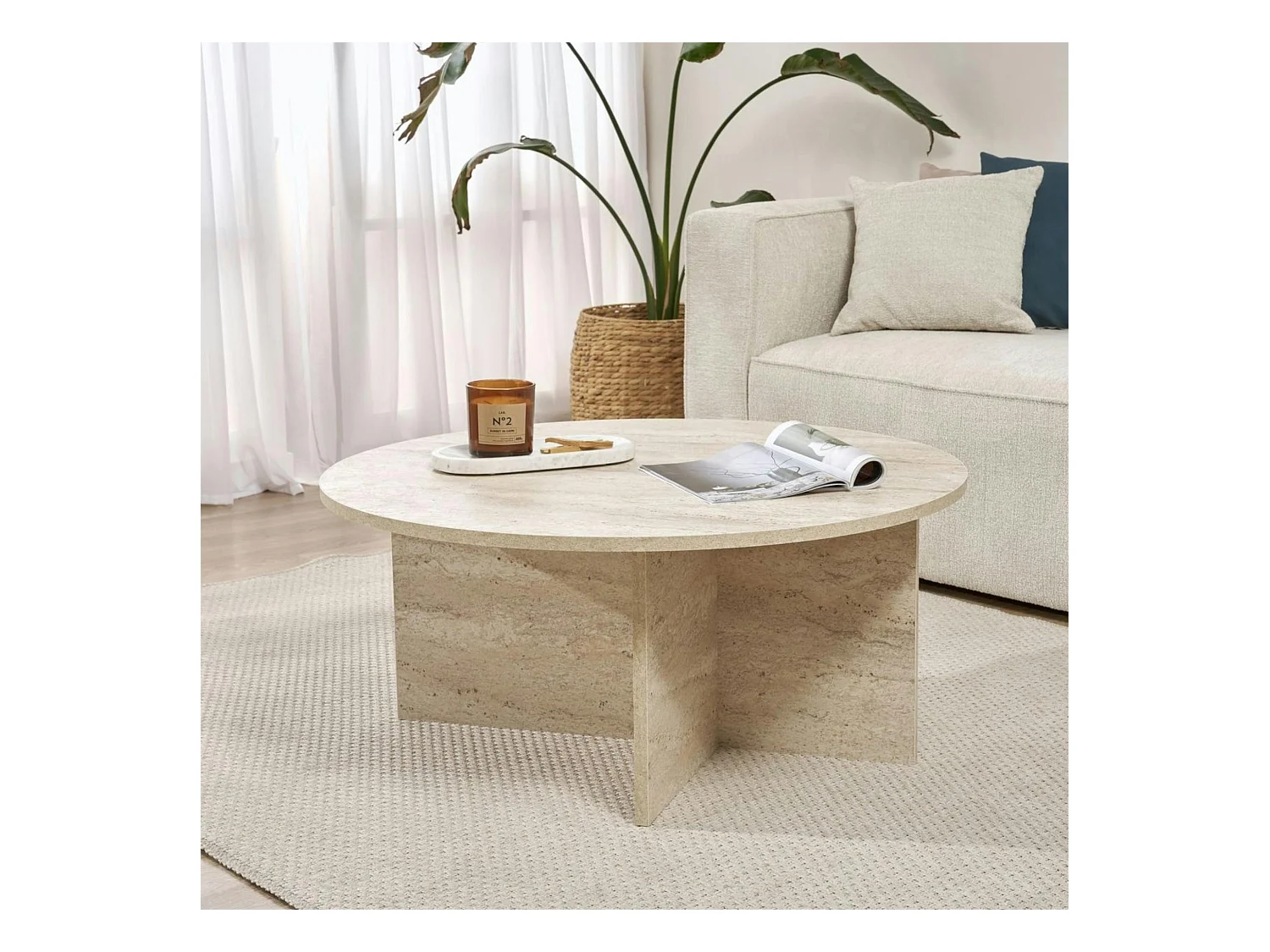 Table basse ronde minimaliste - effet travertin MARFA