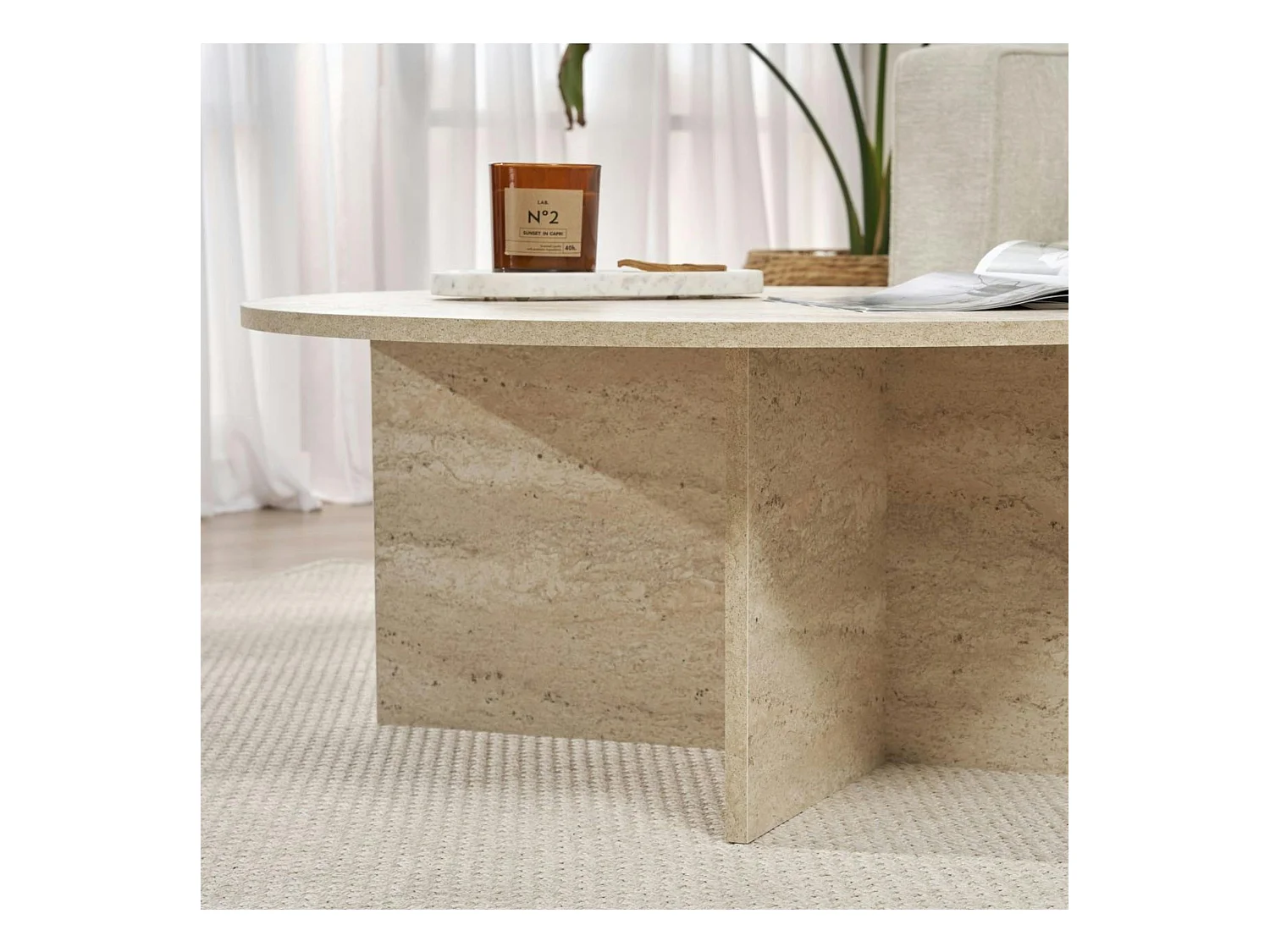 Table basse ronde minimaliste - effet travertin MARFA