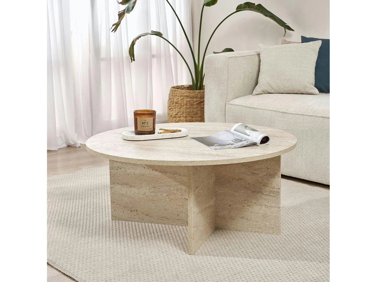 Table basse ronde minimaliste - effet travertin MARFA