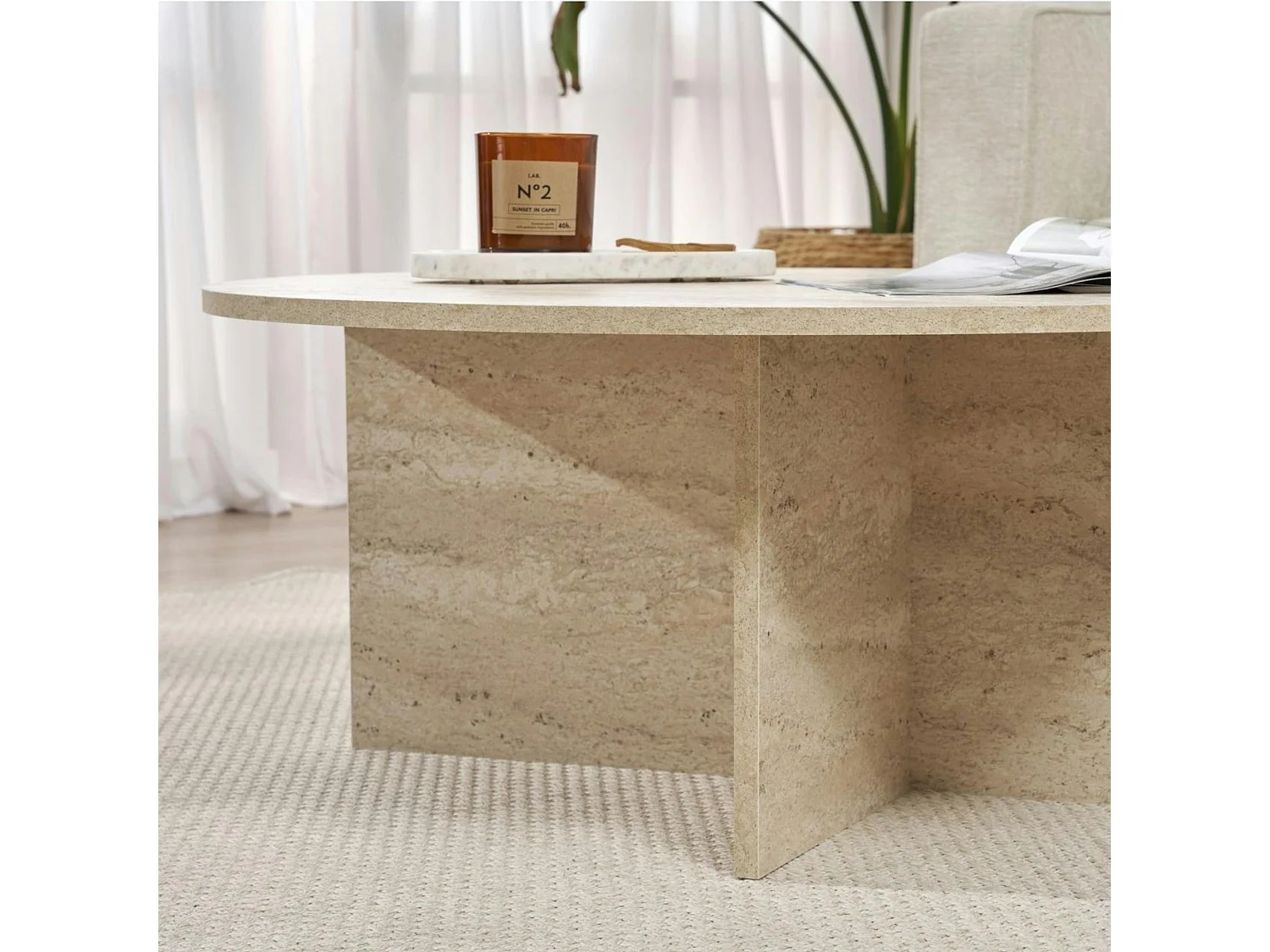 Table basse ronde minimaliste - effet travertin MARFA