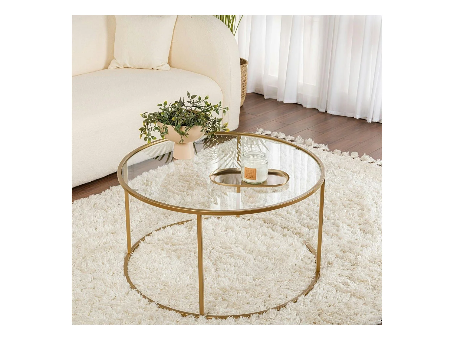 Table basse ronde en verre – cadre doré ⌀80 cm TULUM