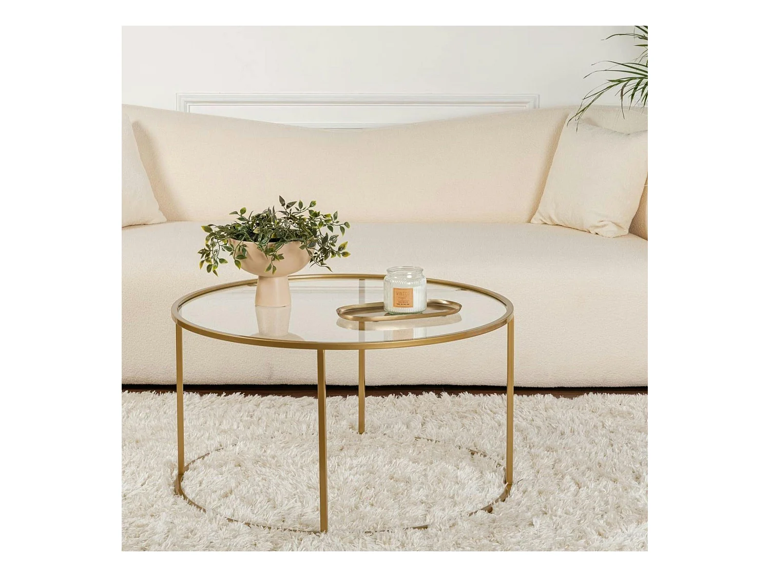 Table basse ronde en verre – cadre doré ⌀80 cm TULUM