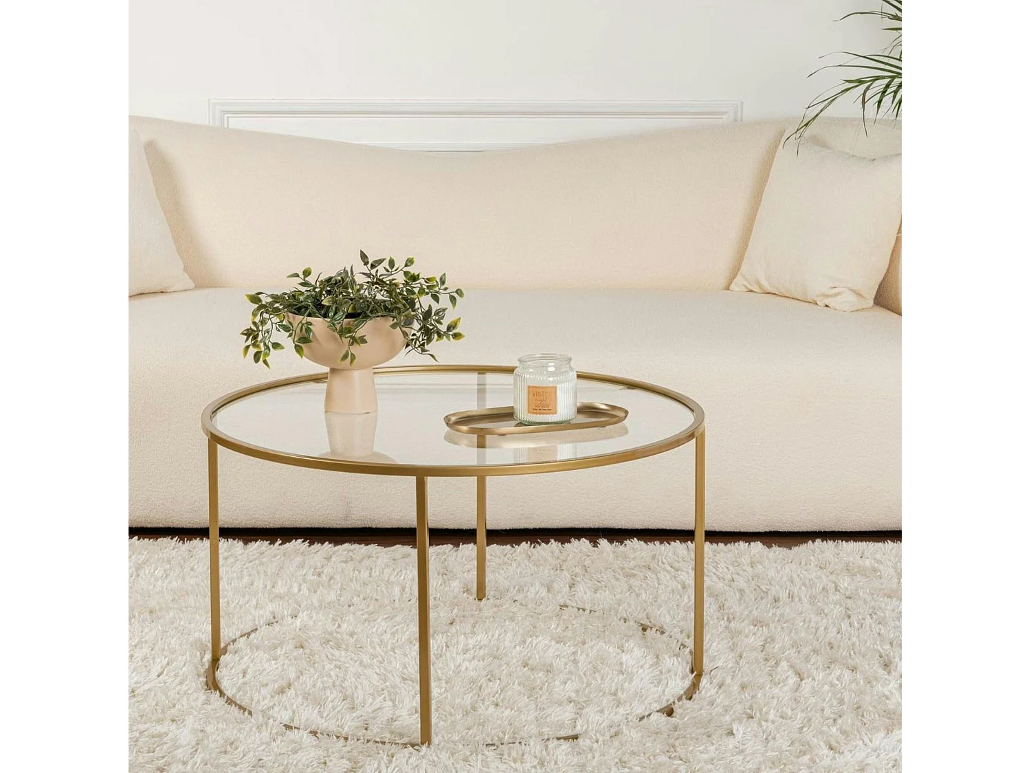 Table basse ronde en verre – cadre doré ⌀80 cm TULUM