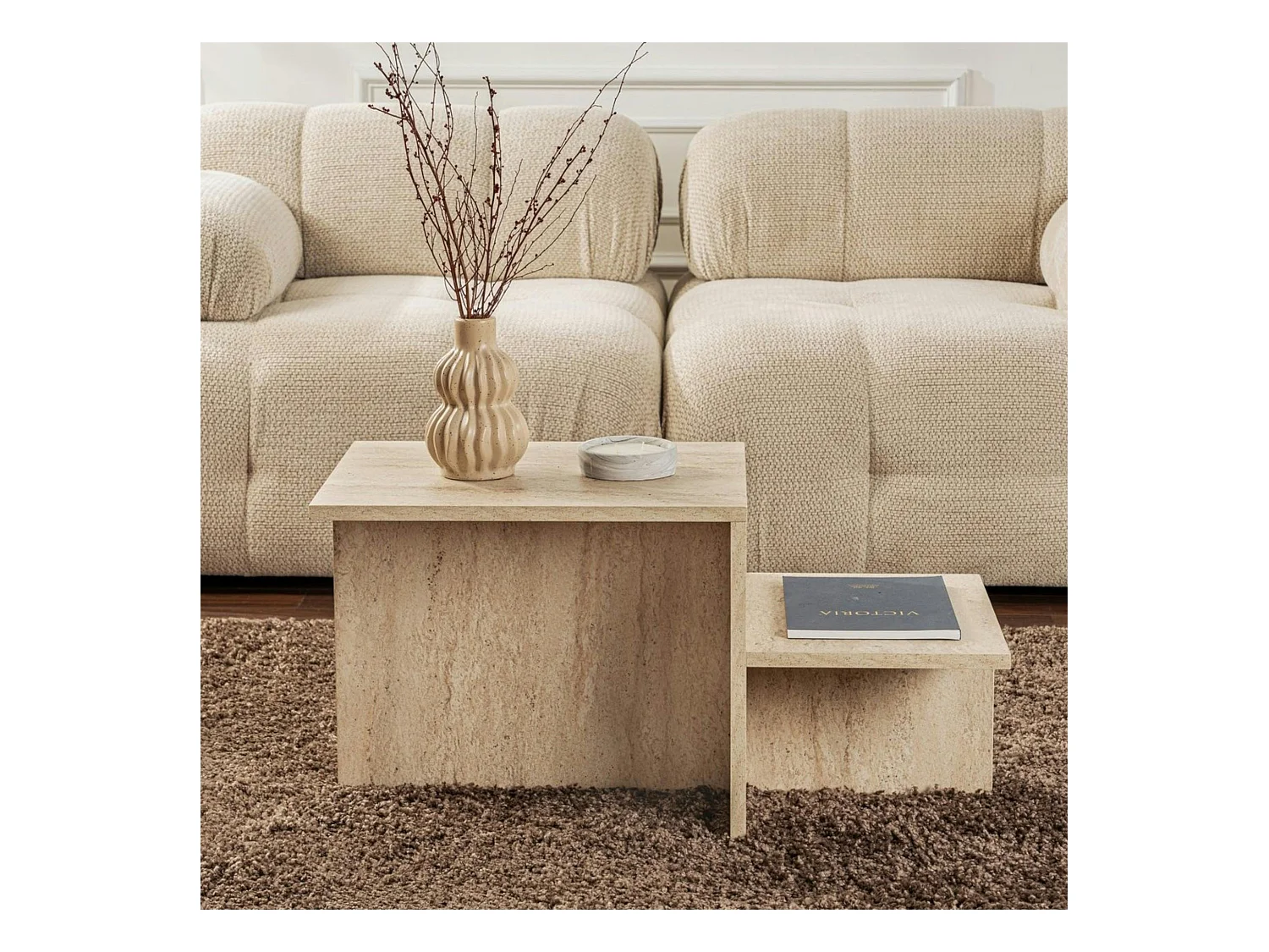 Table basse moderne effet travertin - 2 niveaux MARFA