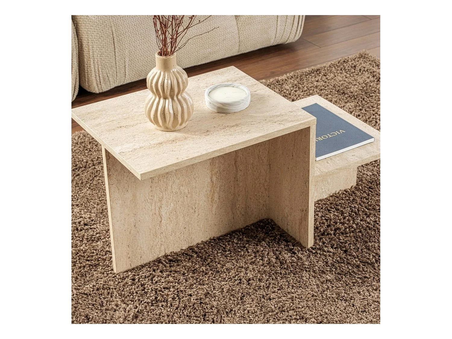 Table basse moderne effet travertin - 2 niveaux MARFA