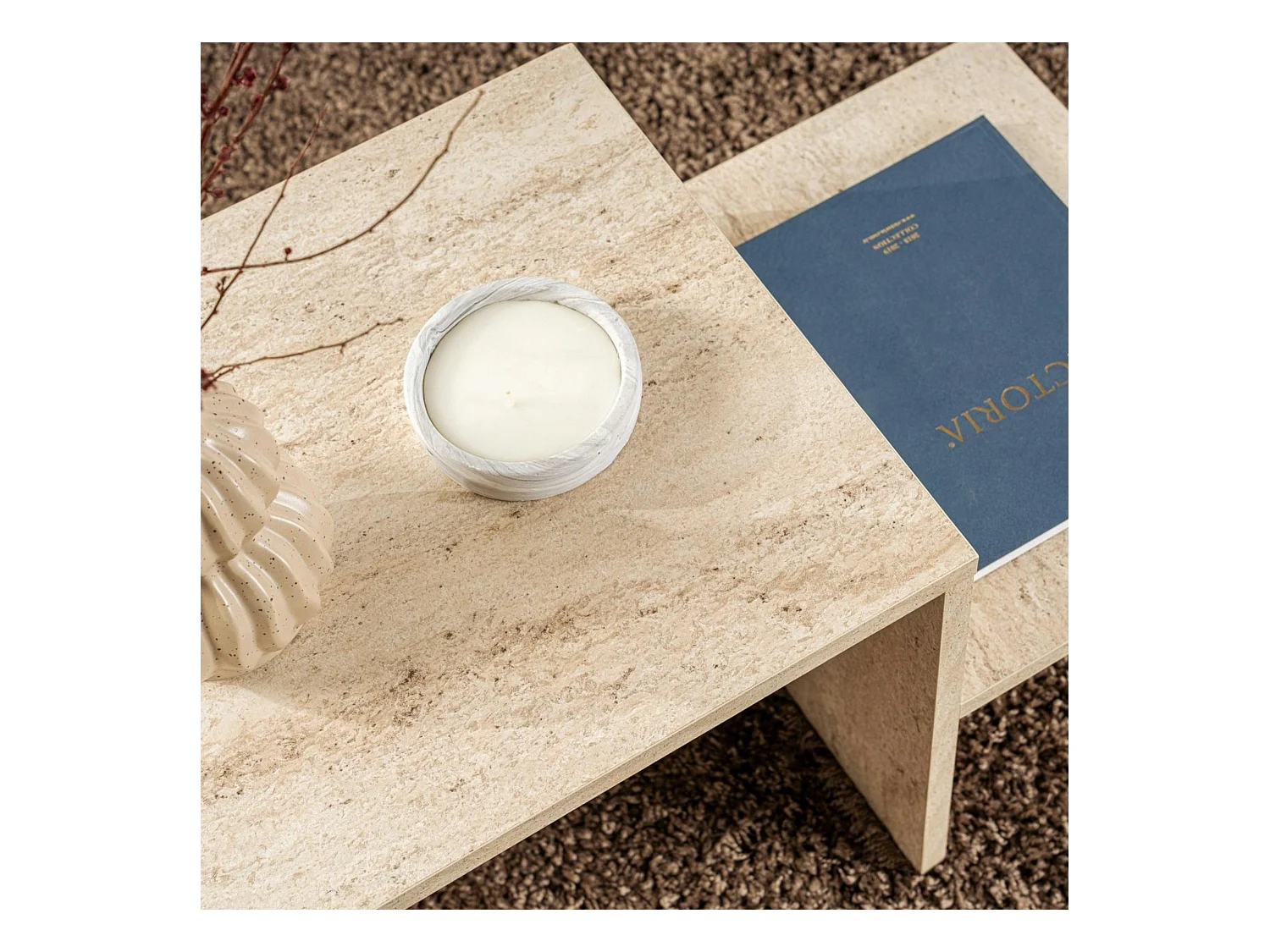 Table basse moderne effet travertin - 2 niveaux MARFA