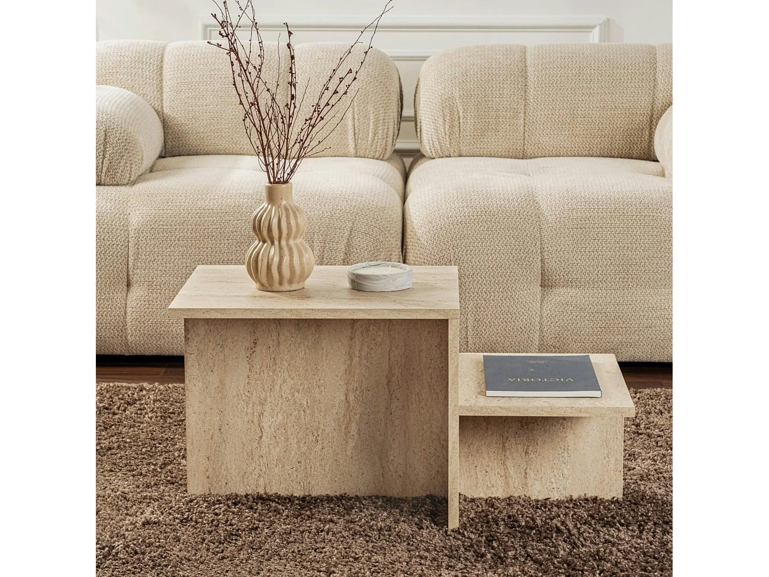 Table basse moderne effet travertin - 2 niveaux MARFA