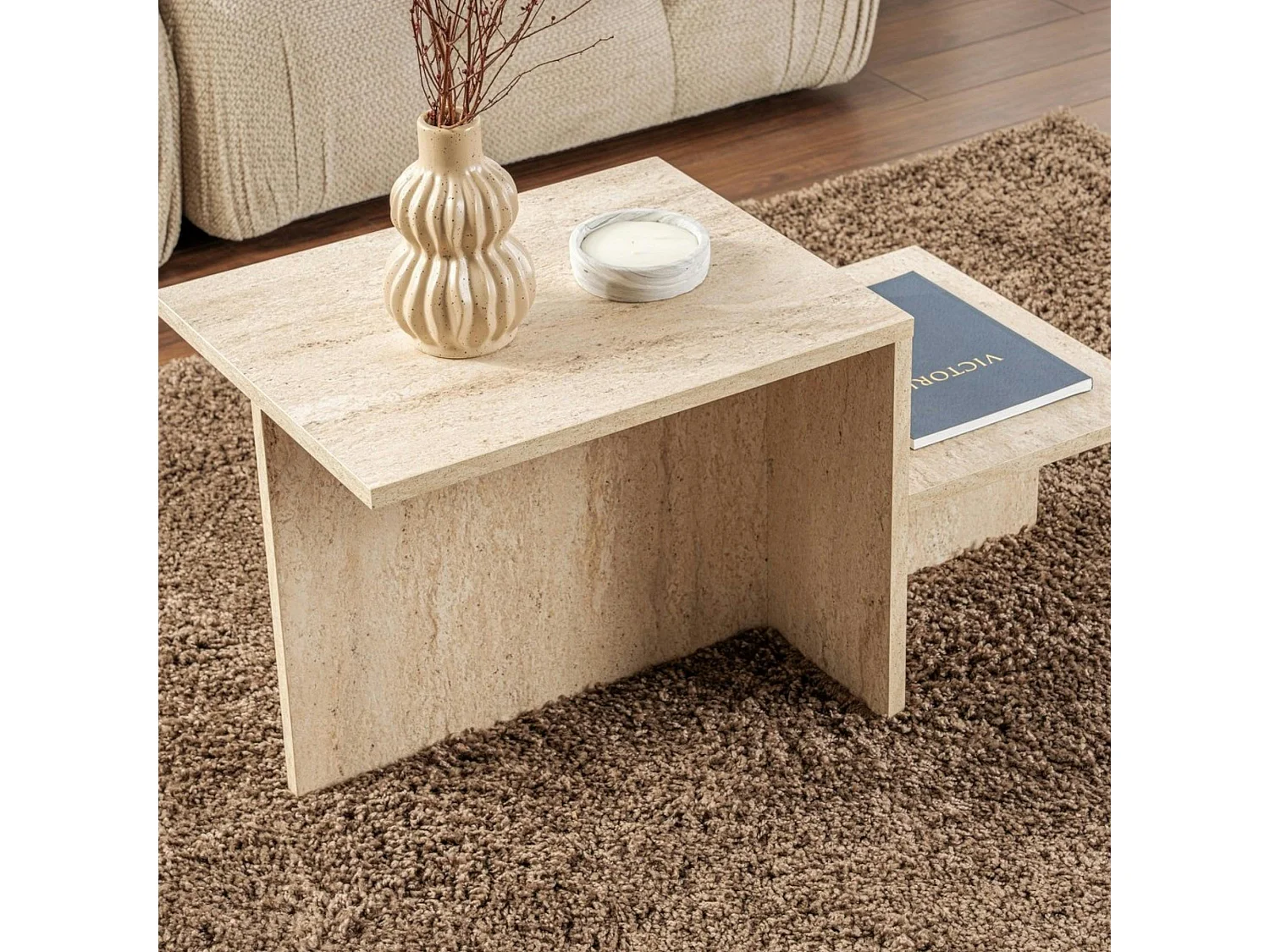 Table basse moderne effet travertin - 2 niveaux MARFA