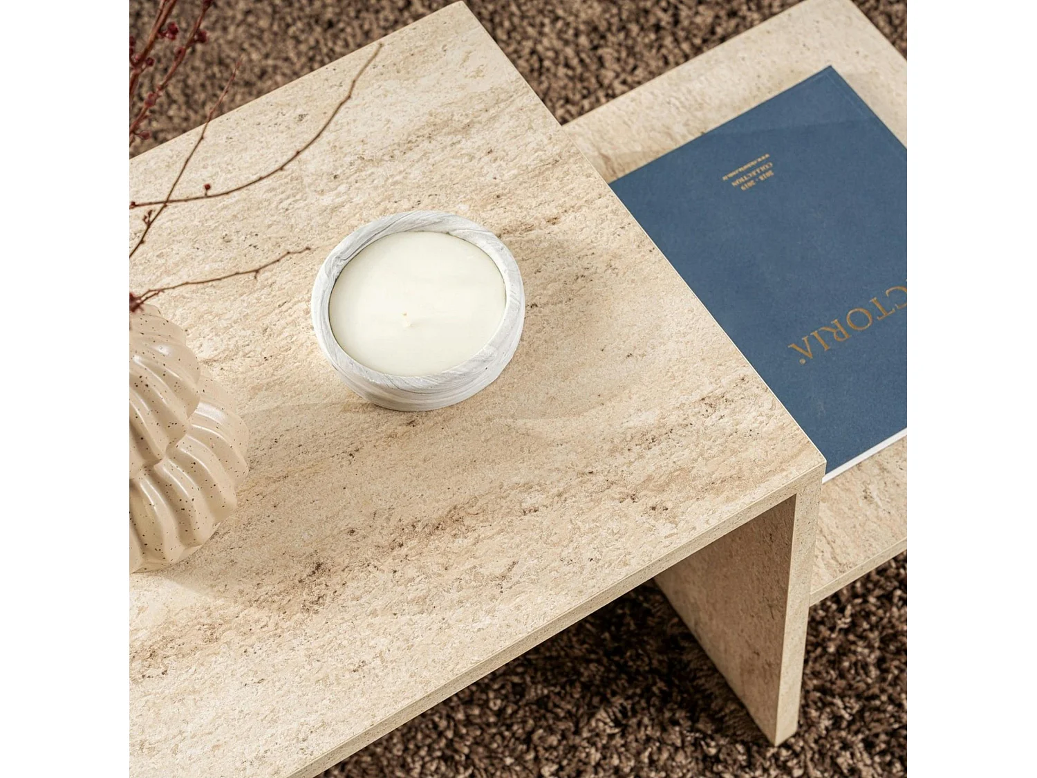 Table basse moderne effet travertin - 2 niveaux MARFA