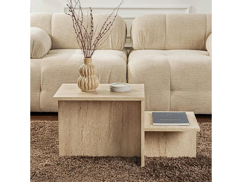 Table basse moderne effet travertin - 2 niveaux MARFA