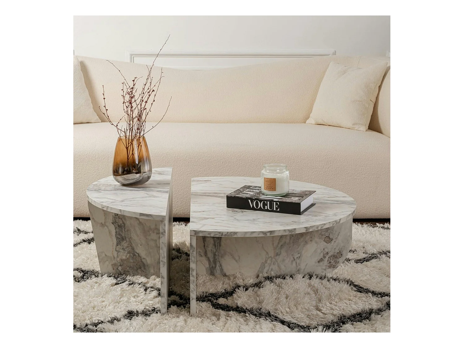 Table basse moderne effet marbre blanc - 2 hauteurs MARFA