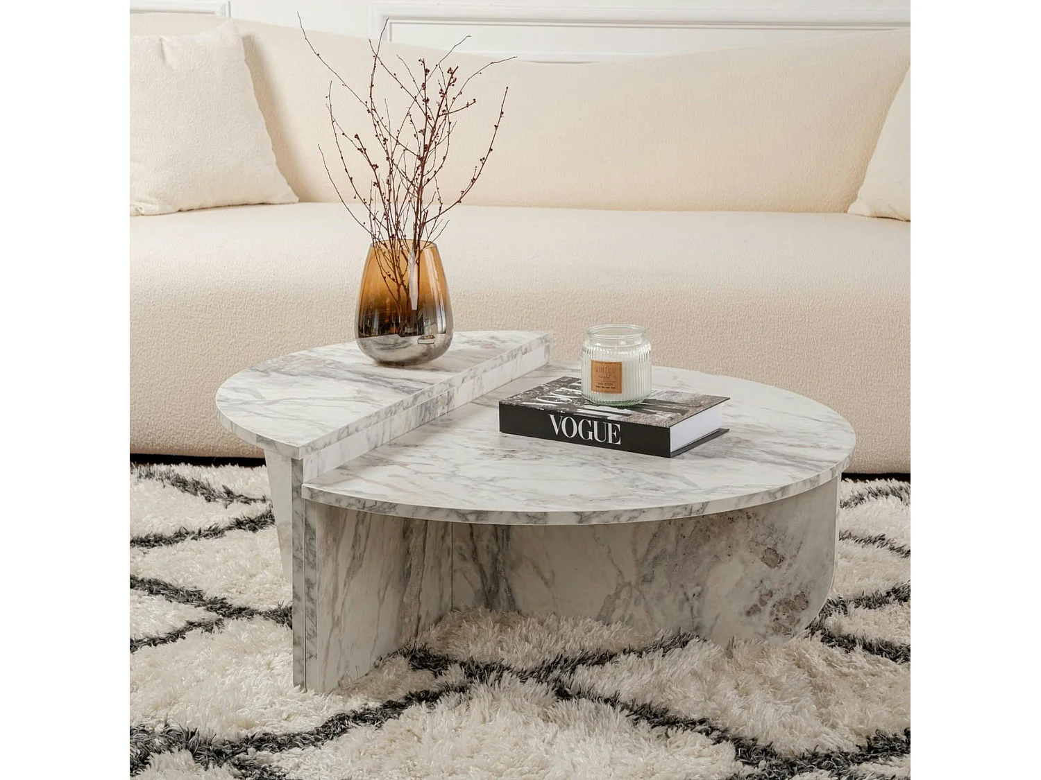 Table basse moderne effet marbre blanc - 2 hauteurs MARFA