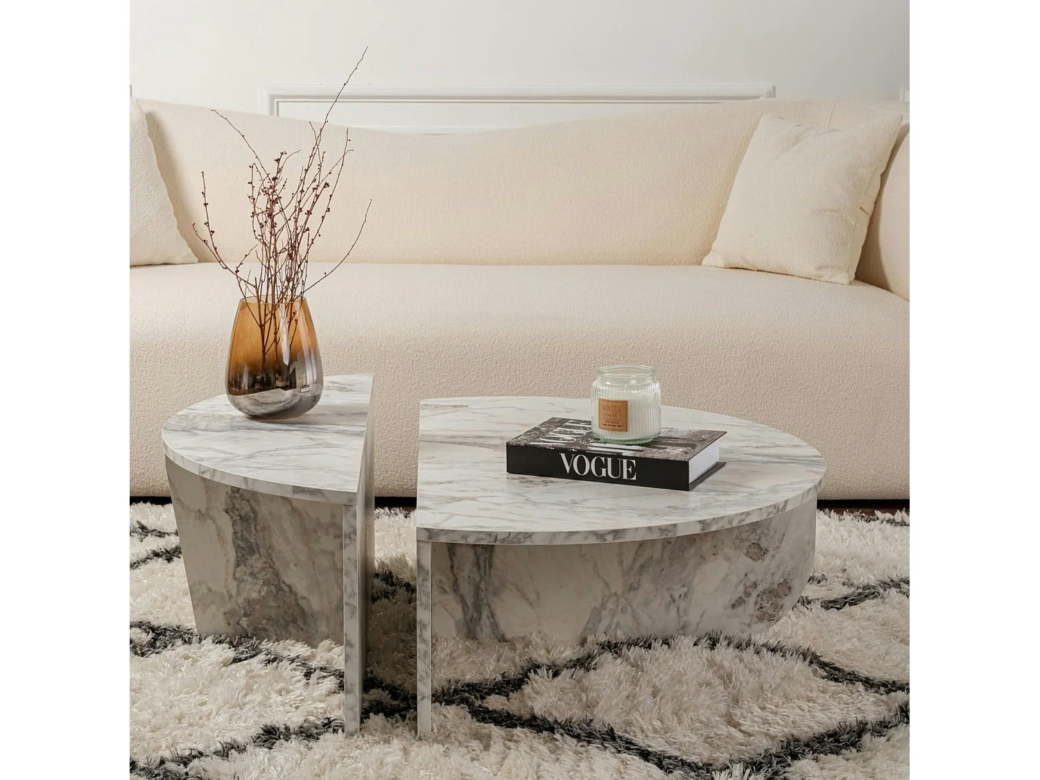 Table basse moderne effet marbre blanc - 2 hauteurs MARFA