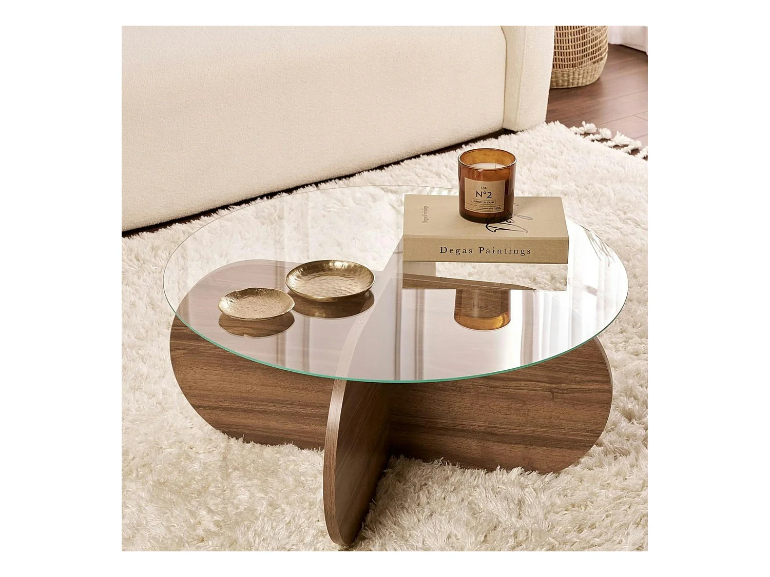 Table basse en verre - pied en croix effet noyer SALTA