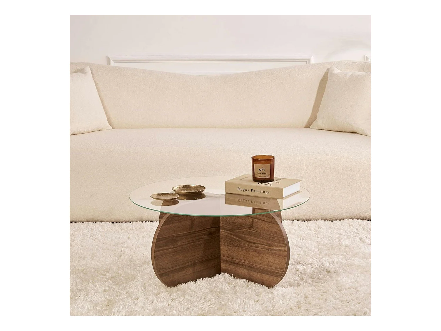 Table basse en verre - pied en croix effet noyer SALTA