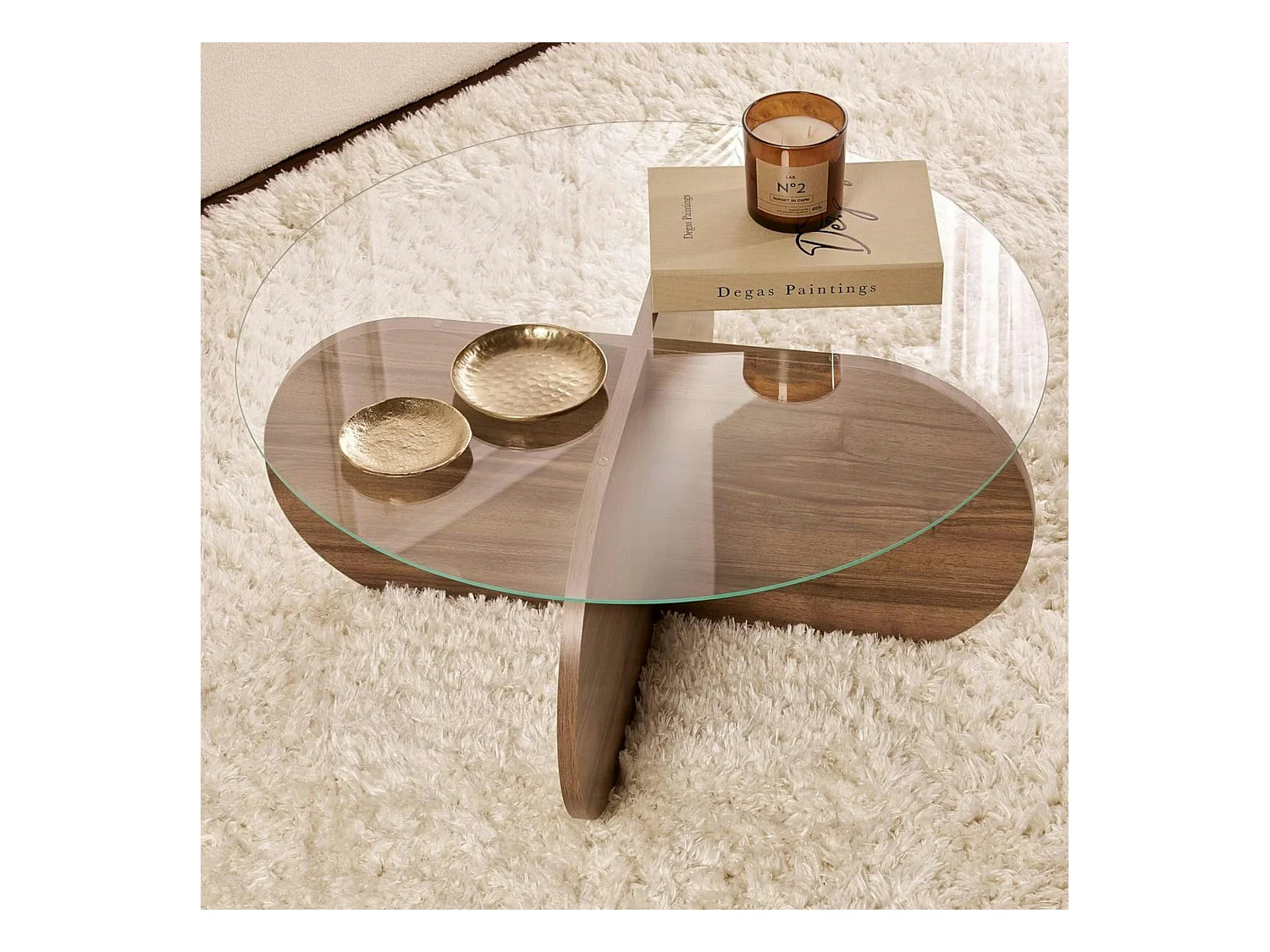 Table basse en verre - pied en croix effet noyer SALTA