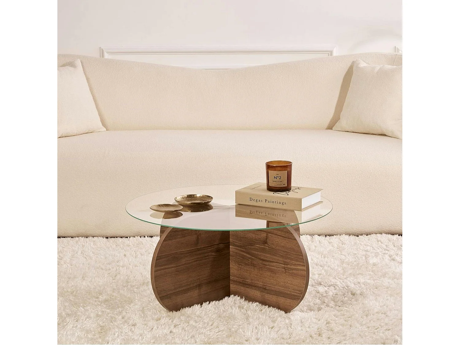 Table basse en verre - pied en croix effet noyer SALTA