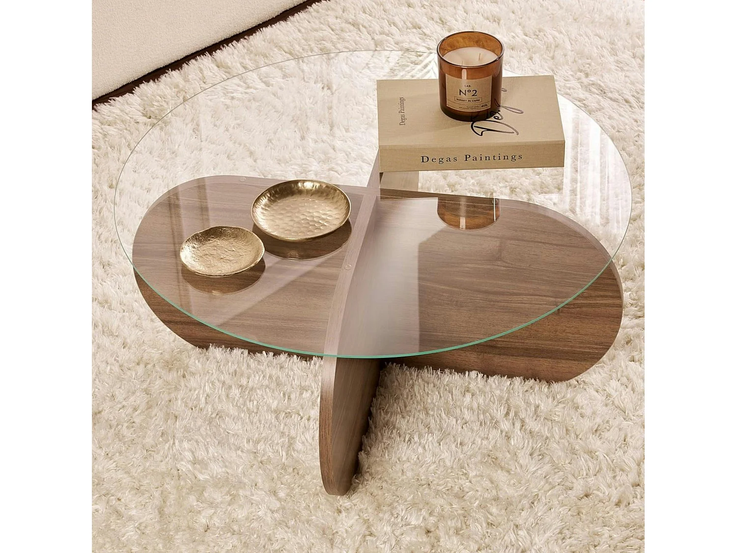 Table basse en verre - pied en croix effet noyer SALTA