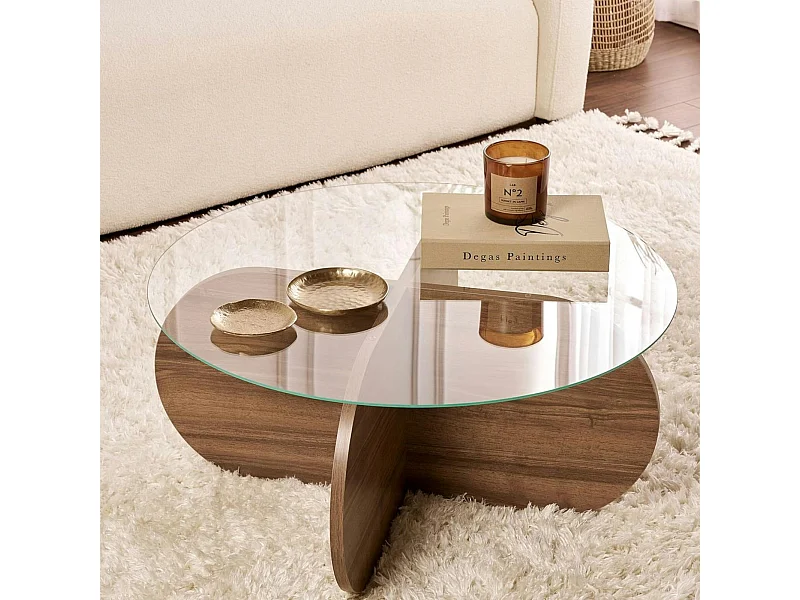 Table basse en verre - pied en croix effet noyer SALTA