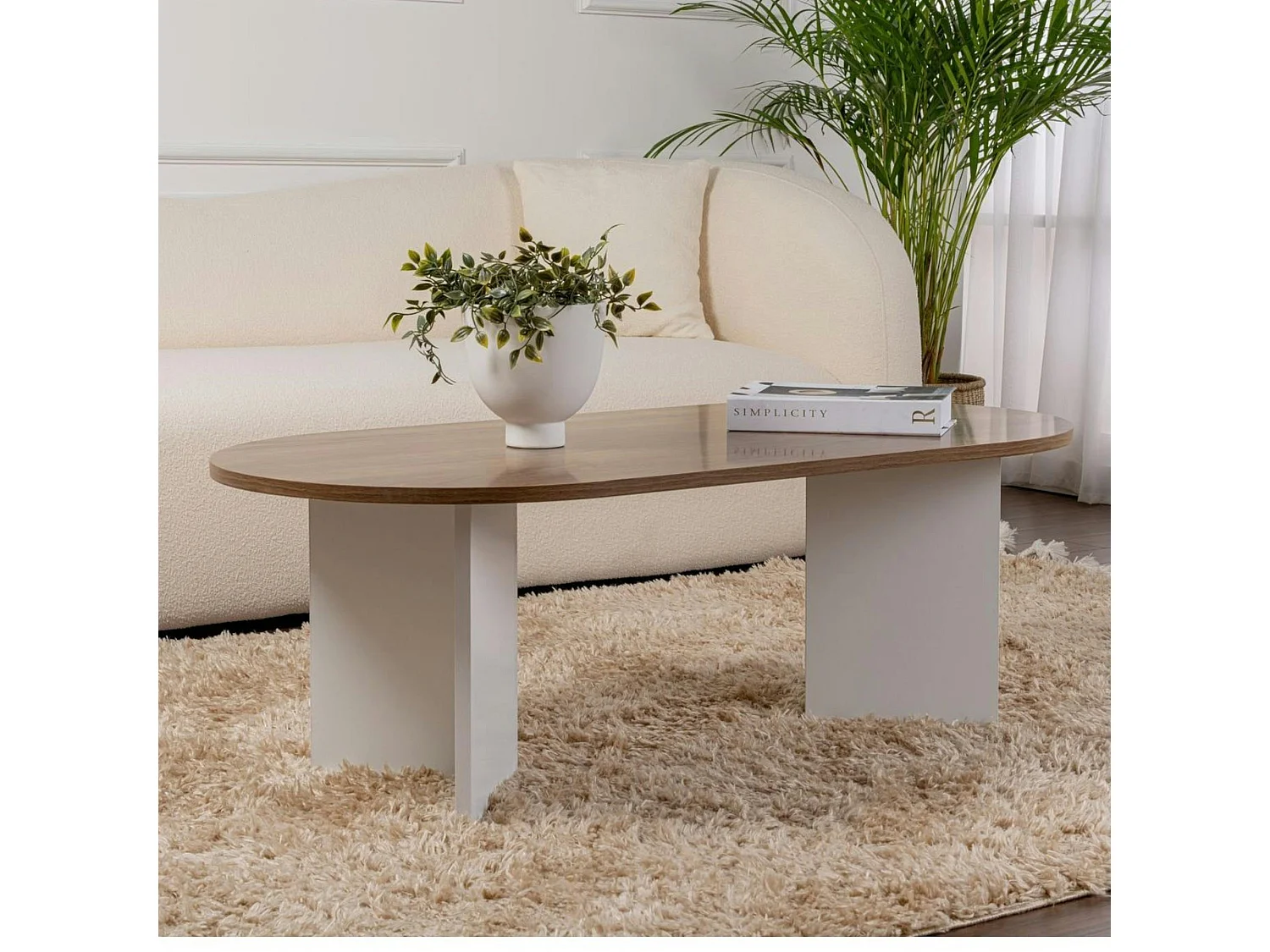 Table basse ovale plateau effet noyer - pieds en V MARFA