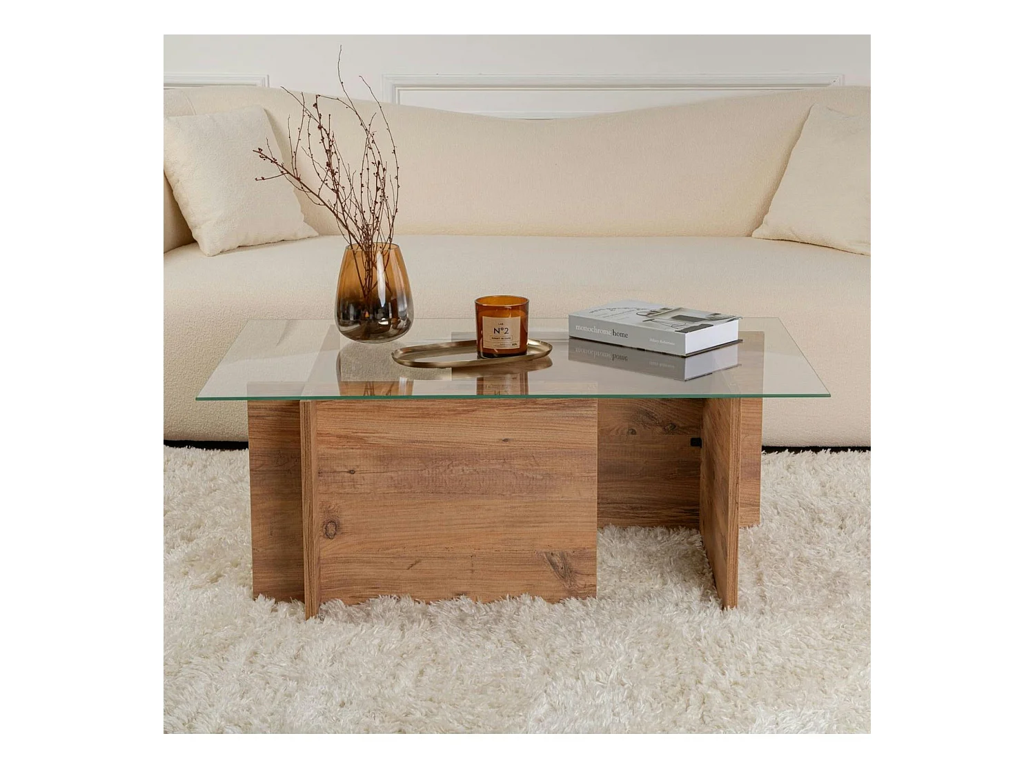 Table basse verre déstructurée – effet bois, H. 40 cm SALTA