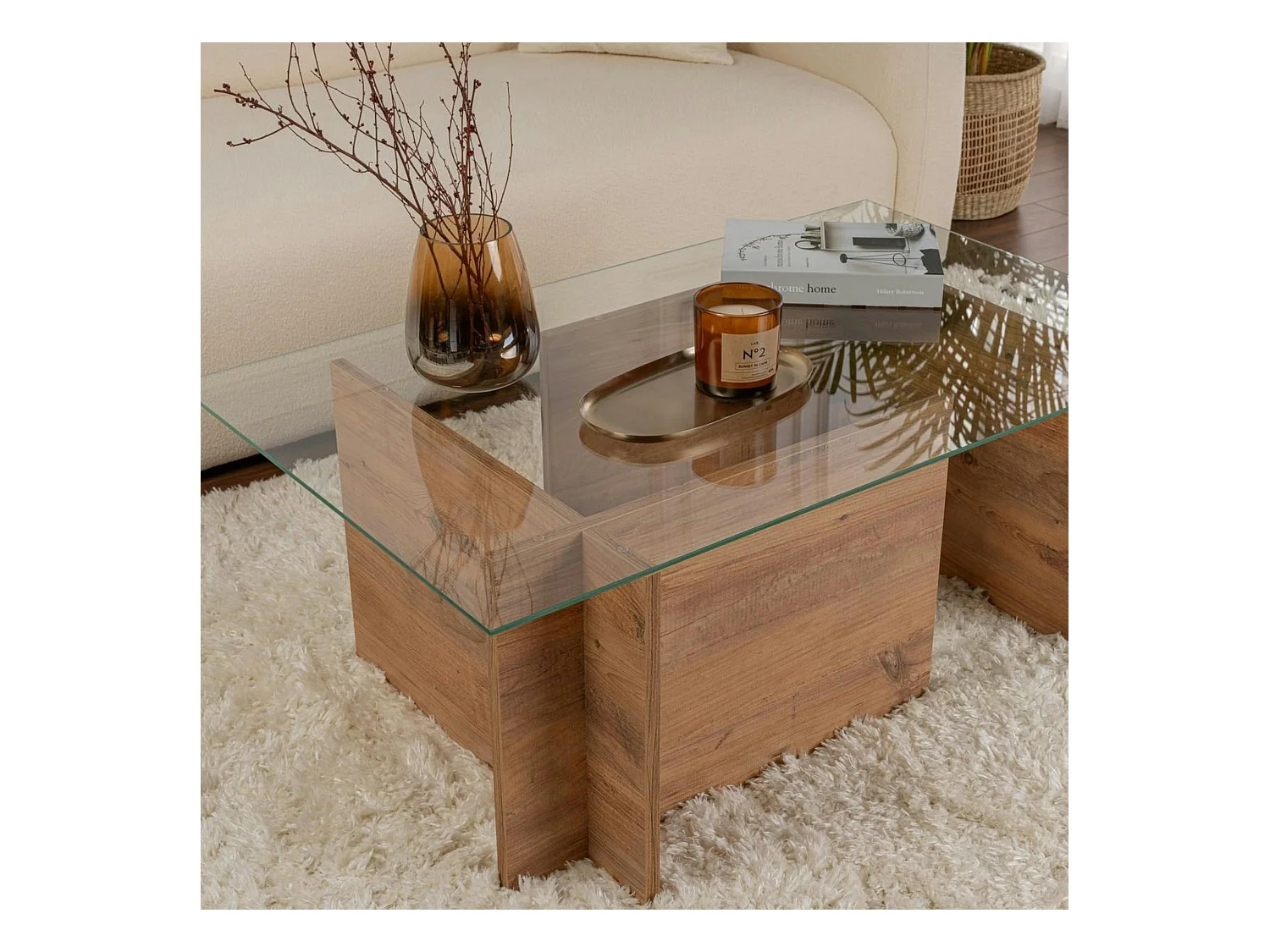 Table basse verre déstructurée – effet bois, H. 40 cm SALTA