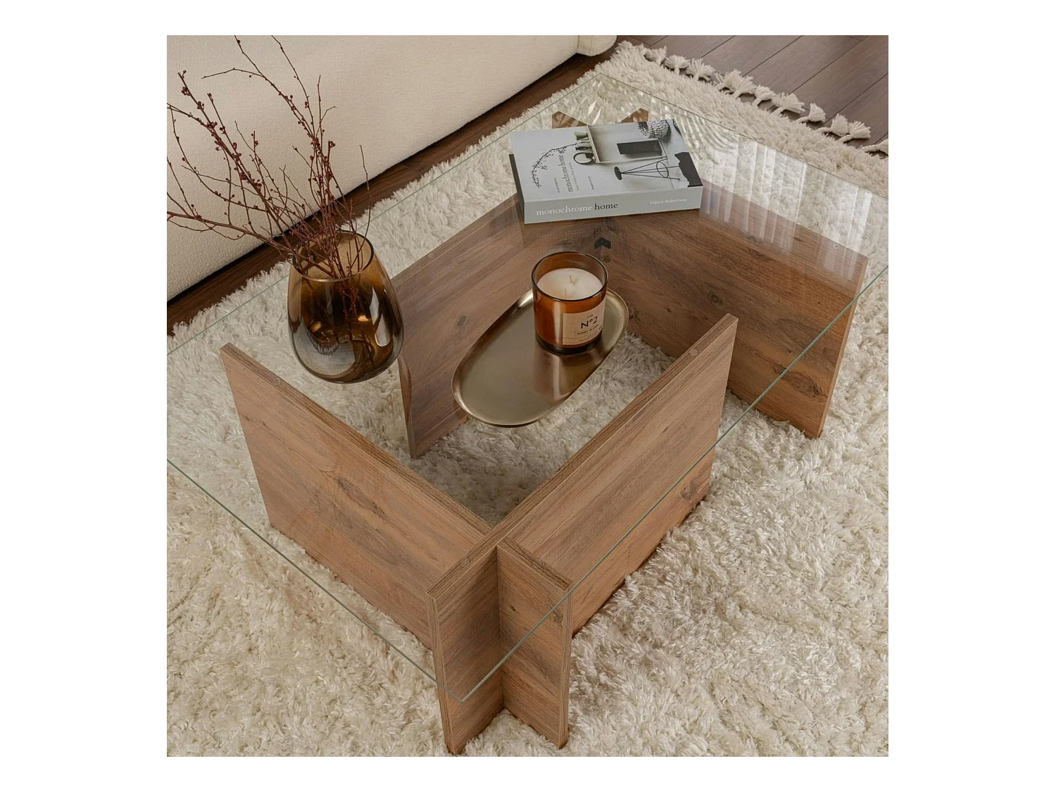 Table basse verre déstructurée – effet bois, H. 40 cm SALTA